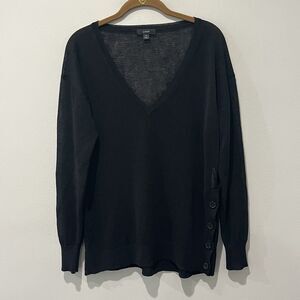 J.CREW Sweater Womens Medium‎ Black Sheer Linen Blend V-Neck Side Buttons Preppy